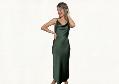 Vestido raso verde botella