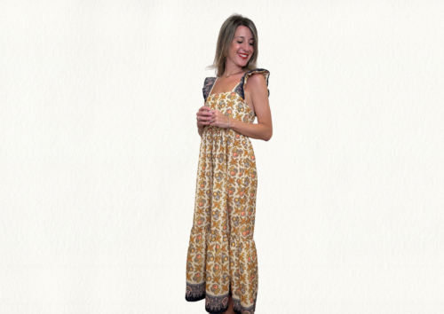 Vestido estampado volantes mostaza